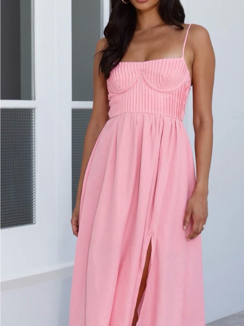 Hello Molly Pink Midi Dress with Spaghetti Straps Corset Top